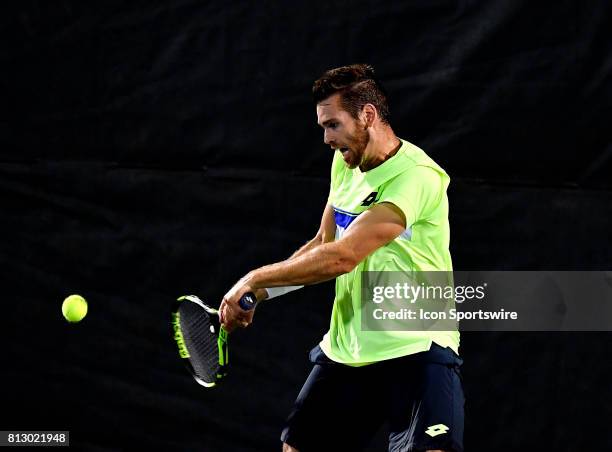 Austin Krajicek in action during the Nielsen Pro Tennis Championship on July 10, 2017 at the A.C. Nielsen Tennis Center in Winnetka, Illinois.