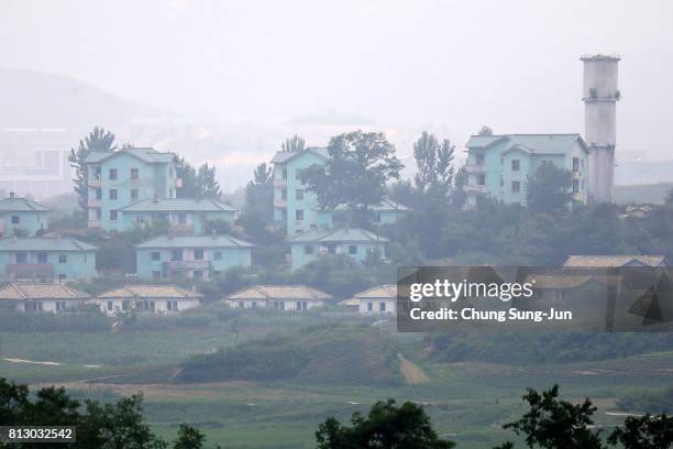 North Korea's propaganda village of Gijungdong is seen from an observation post on July 12, 2017 in Panmunjom, South Korea. South Korea, Japan and...