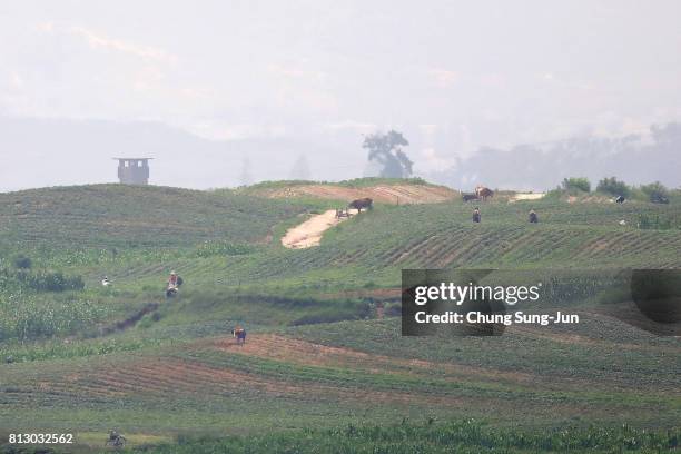 North Korea's propaganda village of Gijungdong is seen from an observation post on July 12, 2017 in Panmunjom, South Korea. South Korea, Japan and...