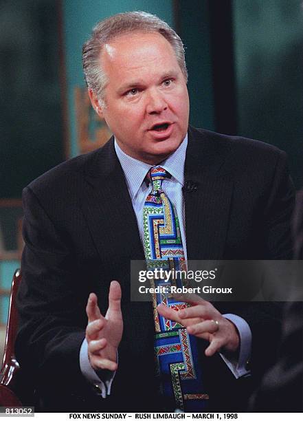 Conservative talk show host Rush Limbaugh discusses violence in films during ''Fox News Sunday'' March 1, 1998 in Washington, DC.