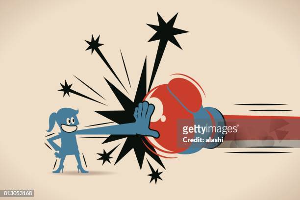 businesswoman (woman, girl) block jabs & straight punches (big boxing glove) - punching stock illustrations