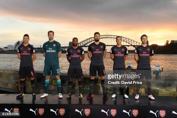 Laurent Koscielny, Petr Cech, Alexandre Lacazette, Olivier Giroud, Mesut Ozil and Nacho Monreal of Arsenal launch the new Puma Arsenal 3rd kit on...