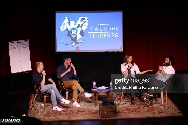 Chris Ryan, Andy Greenwald, and actors Andrea Savage and Jason Mantzoukas speak onstage at The Ringer presents "Talk The Thrones Live" at Largo at...