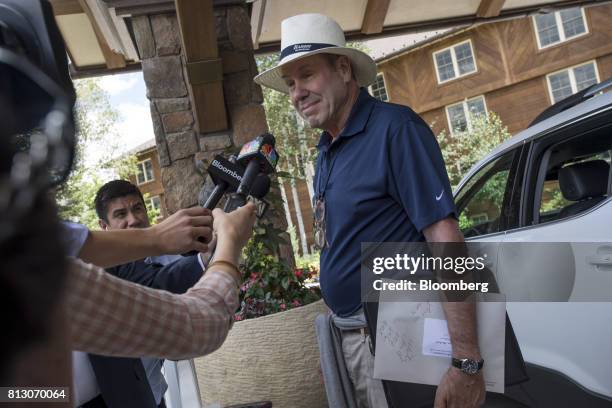 Michael Eisner, chairman and founder of Tornante Co., speaks to the media as he arrives for the Allen & Co. Media and Technology Conference in Sun...