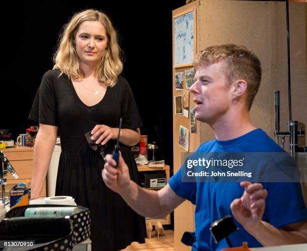 Amy Morgan as Dee and Matthew Aubrey as Sam perform on stage during performance of the 'Touch' a new play written and directed by Vicky Jones at Soho...