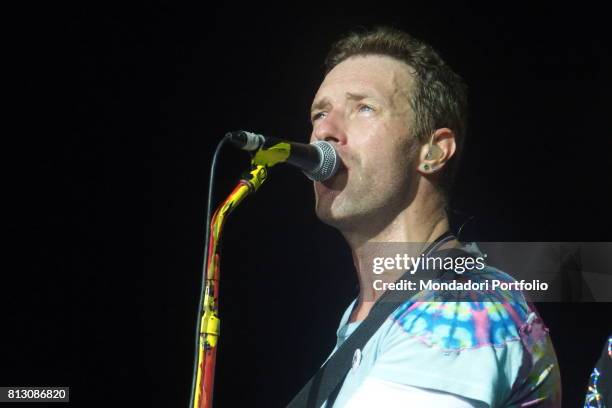 Singer Chris Martin, front man of Coldplay, in concert at San Siro Stadium during the Head Full of Dreams Tour. Milan, Italy. 3rd July 2017