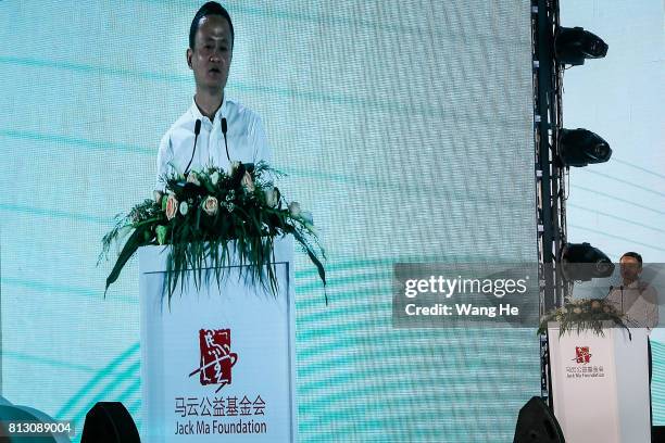 Jack Ma, founder of the Alibaba Group, gives a speech at the 2017 forum on rural headmasters on July 12, 2017 in Hangzhou, Zhejiang province of...