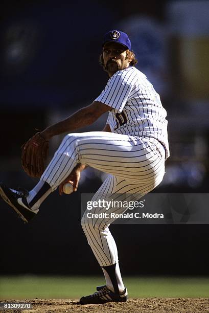 Pete Vuckovich of the Milwaukee Brewers pitches to the California Angels during the American League Championship Series Game 5 on October 10, 1982 in...
