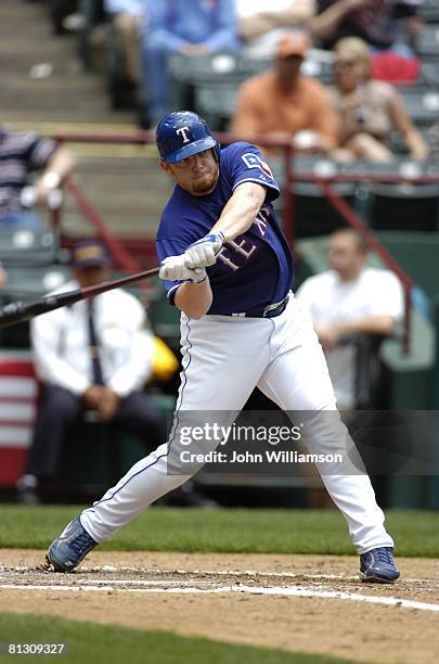 Chris Shelton of the Texas Rangers bats during the game against the Seattle Mariners at Rangers Ballpark in Arlington in Arlington, Texas on May 14,...