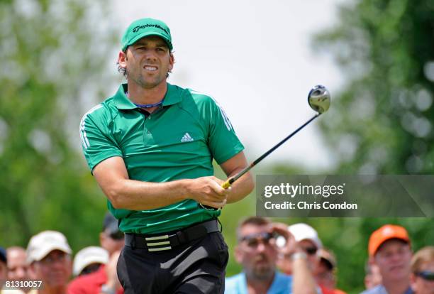 Sergio Garcia of Spain tees off on the first hole during the second round of the Memorial Tournament Presented by Morgan Stanley at Muirfield Village...