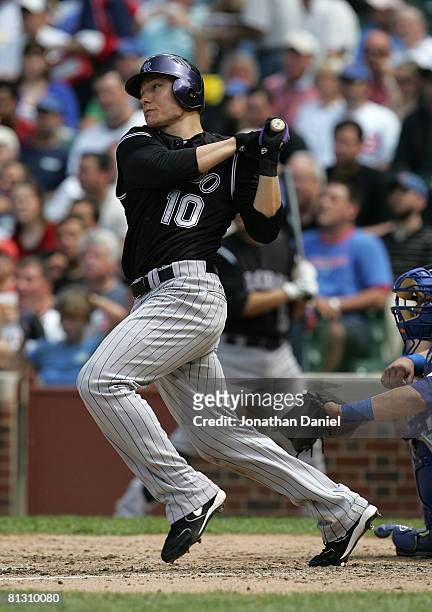 Jeff Baker of the Colorado Rockies hits the third of his four doubles in the 5th inning against the Chicago Cubs on May 30, 2008 at Wrigley Field in...