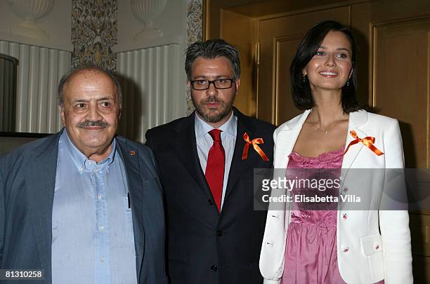 Maurizio Costanzo, Damiano Rizzi and actress Anna Safroncik attend the auction Art For Peace in support of Soleterre Strategie di Pace charity...