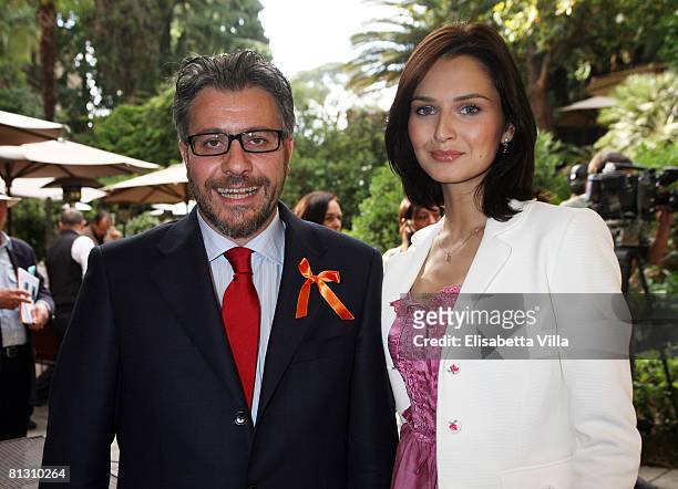 Damiano Rizzi, President of Soleterre and actress Anna Safroncik attend the auction Art For Peace in support of Soleterre Strategie di Pace charity...
