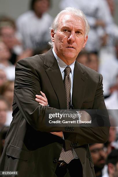 Head coach Gregg Popovich of the San Antonio Spurs watches the action against the Los Angeles Lakers in Game Four of the Western Conference Finals...