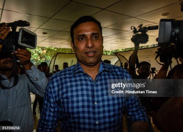 Laxman arrives for a press conference for Indian cricket team coach at BCCI headquarters, on July 10, 2017 in Mumbai, India. Ravi Shastri has been...