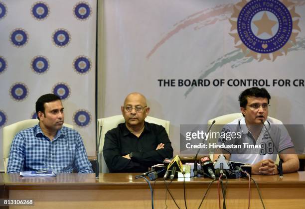Acting Secretary Amitabh Choudhary with Cricket Advisory Committee members Sourav Ganguly and VVS Laxman during a press conference for Indian cricket...
