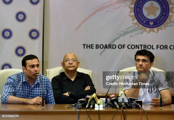 Acting Secretary Amitabh Choudhary with Cricket Advisory Committee members Sourav Ganguly and VVS Laxman during a press conference for Indian cricket...