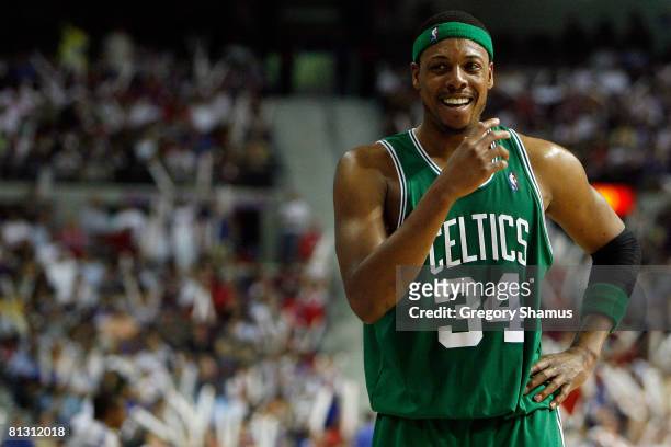 Paul Pierce of the Boston Celtics smiles while playing against the Detroit Pistons in Game Six of the Eastern Conference finals during the 2008 NBA...