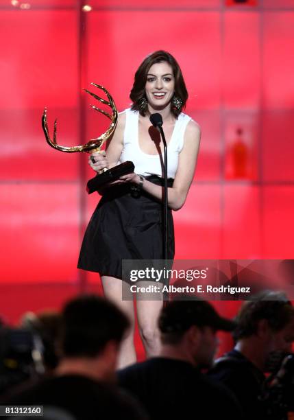 Actress Anne Hathaway presents the award for "Funniest M.F." onstage during the taping of Spike TV's 2nd Annual "Guys Choice" Awards held at Sony...