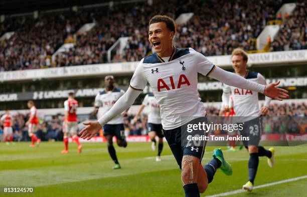 Dele Alli celebrates scoring the 1st Spurs goal during the Tottenham Hotspur v Arsenal F.A. Premier League match at White Hart Lane on April 30th...