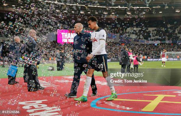 Dele Alli dejectedly walk towards the tunnel after the Spurs defeat during the West Ham United v Tottenham Hotspur F.A. Premier League match at the...