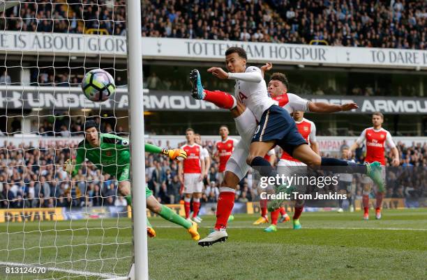 Dele Alli somehow misses a header in the 1st half during the Tottenham Hotspur v Arsenal F.A. Premier League match at White Hart Lane on April 30th...