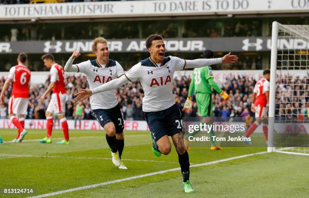 Dele Alli celebrates scoring the 1st Spurs goal during the Tottenham Hotspur v Arsenal F.A. Premier League match at White Hart Lane on April 30th...