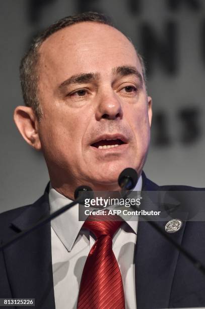 Israeli Energy Minister Yuval Steinitz delivers a speech on July 12, 2017 at the 22nd World Petroleum Congress in Istanbul. / AFP PHOTO / OZAN KOSE