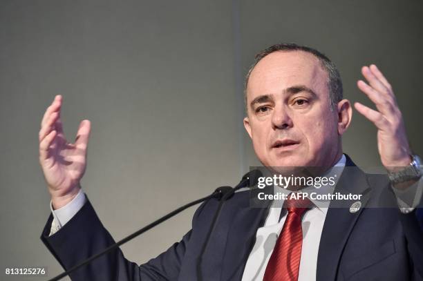 Israeli Energy Minister Yuval Steinitz delivers a speech on July 12, 2017 at the 22nd World Petroleum Congress in Istanbul. / AFP PHOTO / OZAN KOSE