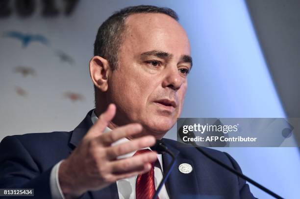 Israeli Energy Minister Yuval Steinitz delivers a speech on July 12, 2017 at the 22nd World Petroleum Congress in Istanbul. / AFP PHOTO / OZAN KOSE