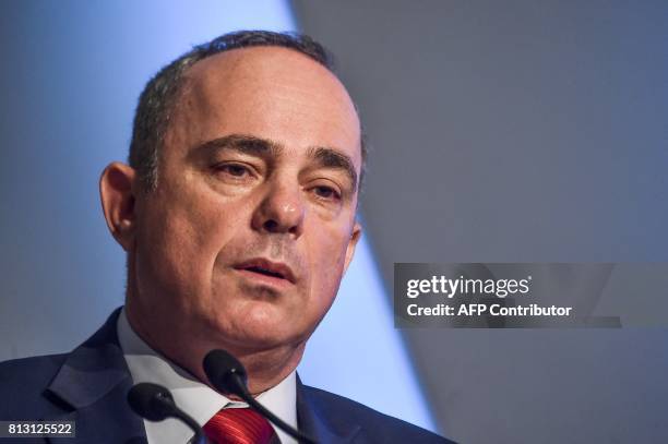 Israeli Energy Minister Yuval Steinitz delivers a speech on July 12, 2017 at the 22nd World Petroleum Congress in Istanbul. / AFP PHOTO / OZAN KOSE