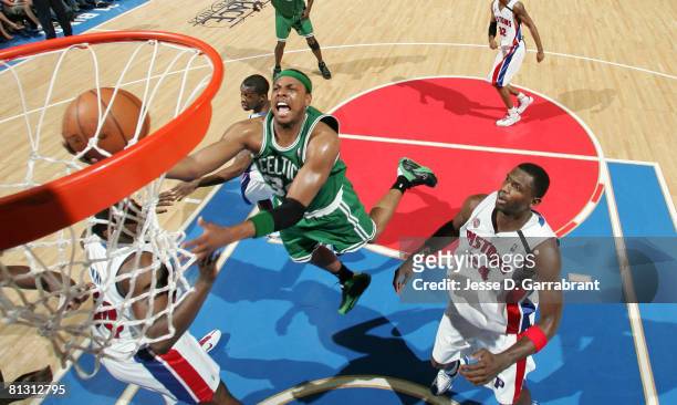 Paul Pierce of the Boston Celtics shoots against Antonio McDyess the Detroit Pistons in Game Six of the Eastern Conference Finals during the 2008 NBA...