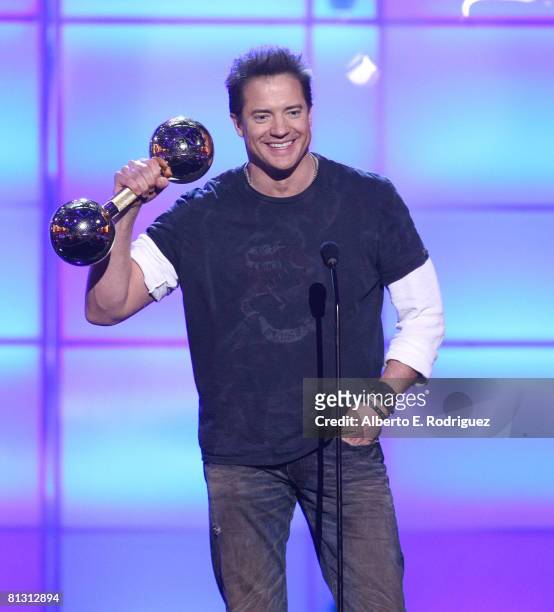 Actor Brendan Fraser presents the "Brass Balls" award onstage during the taping of Spike TV's 2nd Annual "Guys Choice" Awards held at Sony Studios on...