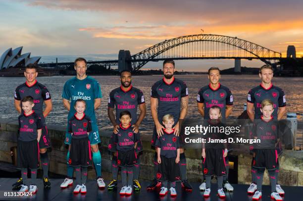 Arsenal FC players, Laurent Koscielny, Petr Cech, Alexandre Lacazette, Olivier Giroud, Mesut Ozil and Nacho Monreal during the unveiling of Arsenal...