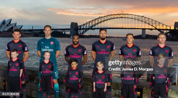 Arsenal FC players, Laurent Koscielny, Petr Cech, Alexandre Lacazette, Olivier Giroud, Mesut Ozil and Nacho Monreal during the unveiling of Arsenal...