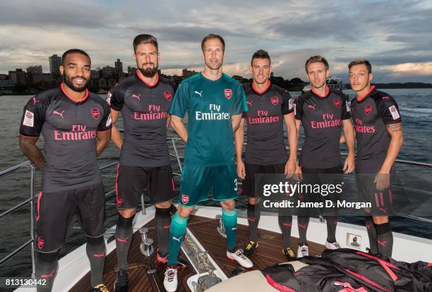 Arsenal FC players, Laurent Koscielny, Petr Cech, Alexandre Lacazette, Olivier Giroud, Mesut Ozil and Nacho Monreal during the unveiling of Arsenal...