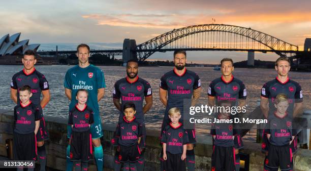 Arsenal FC players, Laurent Koscielny, Petr Cech, Alexandre Lacazette, Olivier Giroud, Mesut Ozil and Nacho Monreal during the unveiling of Arsenal...