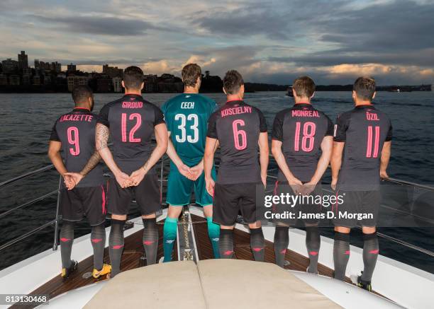 Arsenal FC players, Laurent Koscielny, Petr Cech, Alexandre Lacazette, Olivier Giroud, Mesut Ozil and Nacho Monreal look out on Sydney Harbour en...