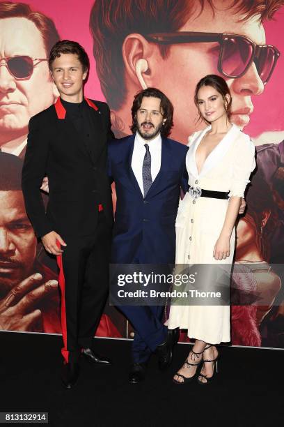 Ansel Elgort, Edgar Wright and Lily James arrives ahead of the Baby Driver Australian Premiere at Event Cinemas George Street on July 12, 2017 in...