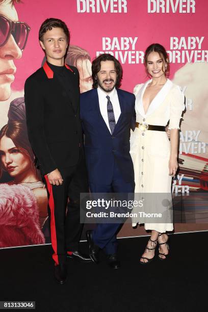 Ansel Elgort, Edgar Wright and Lily James arrives ahead of the Baby Driver Australian Premiere at Event Cinemas George Street on July 12, 2017 in...