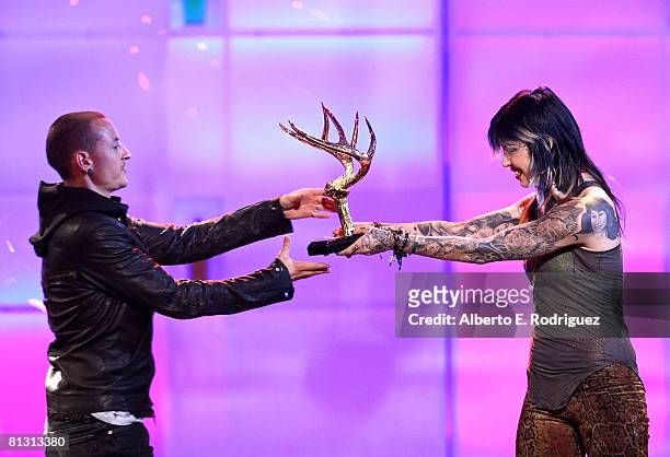 S Kat Von D presents the "Ballsiest Band" award to Linkin Park's singer Chester Bennington onstage during the taping of Spike TV's 2nd Annual "Guys...