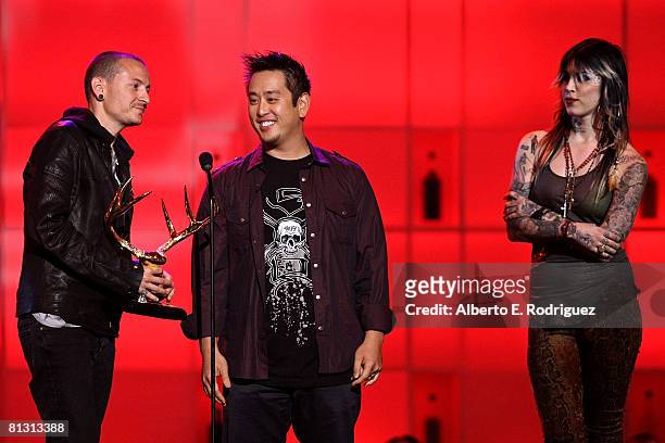 S Kat Von D presents the "Ballsiest Band" award to Linkin Park's Chester Bennington and Joe Hahn onstage during the taping of Spike TV's 2nd Annual...