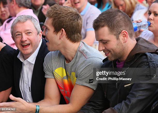 Louis Walsh, and Kevin McDaid with boyfriend Mark Feehily from Westlife at the Celine Dion concert in Croke Park on May 30, 2008 in Dublin, Ireland.