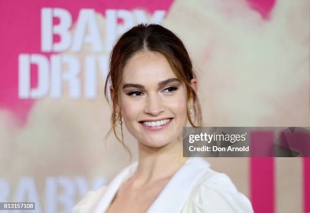 Lily James arrives ahead of the Baby Driver Australian Premiere at Event Cinemas George Street on July 12, 2017 in Sydney, Australia.