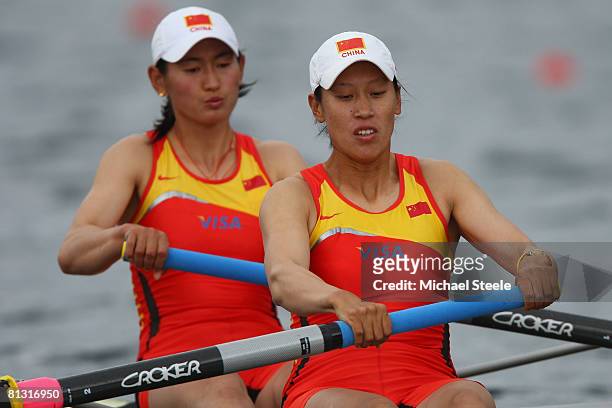 Yulan Gao and You Wu of China in the Women's Pairs-Semifinal A/B 1 race during day two of the FISA Rowing World Cup at the Rotsee on May 31, 2008 in...