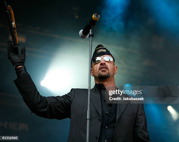 Singer Alexander Wesselsky of the German Rock-Band Eisbrecher performs live during a concert at the Zitadelle on May 31, 2008 in Berlin, Germany. The...