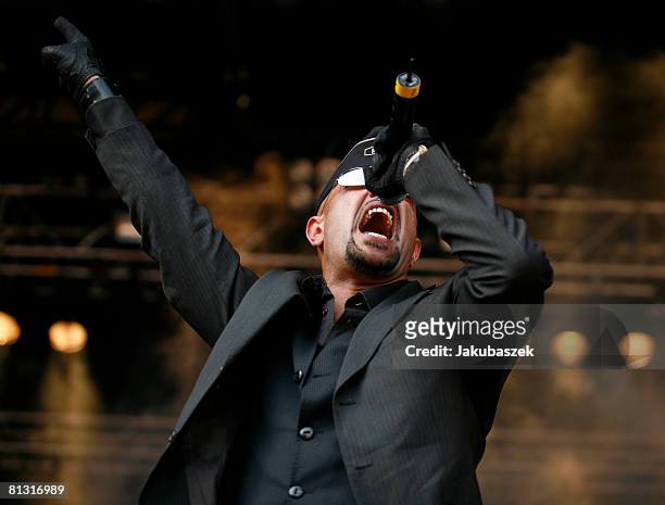 Singer Alexander Wesselsky of the German Rock-Band Eisbrecher performs live during a concert at the Zitadelle on May 31, 2008 in Berlin, Germany. The...