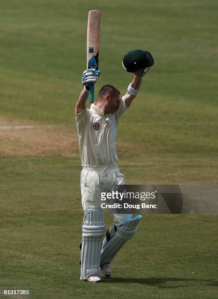 Michael Clarke of Australia reacts after reaching his century during day two of the Second Test match between West Indies and Australia at Sir Vivian...