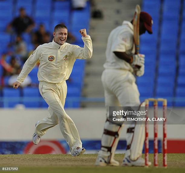 Australia bowler Michael Clarke celebrates after dismissing Xavier Marshall by LBW in the 2nd innings during the 2008 Digicel Home Series at the Sir...