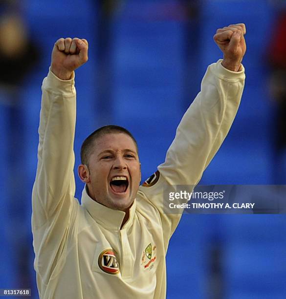 Australia bowler Michael Clarke celebrates after dismissing West Indies Runako Morton in the 2nd innings during the 2008 Digicel Home Series at the...